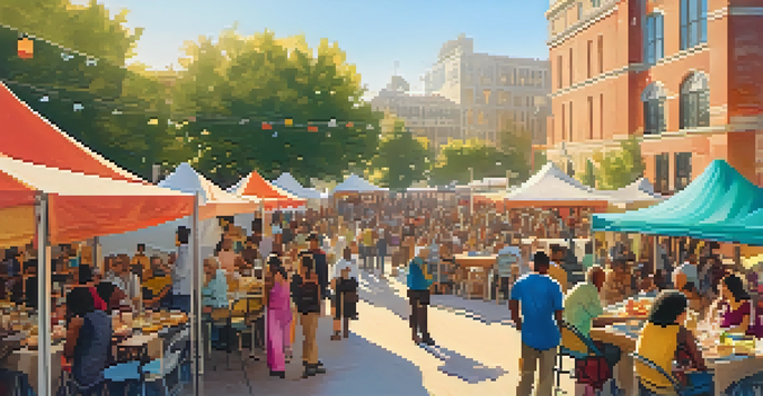 A bustling outdoor film festival with diverse attendees, colorful tents, and large screens under warm sunlight.