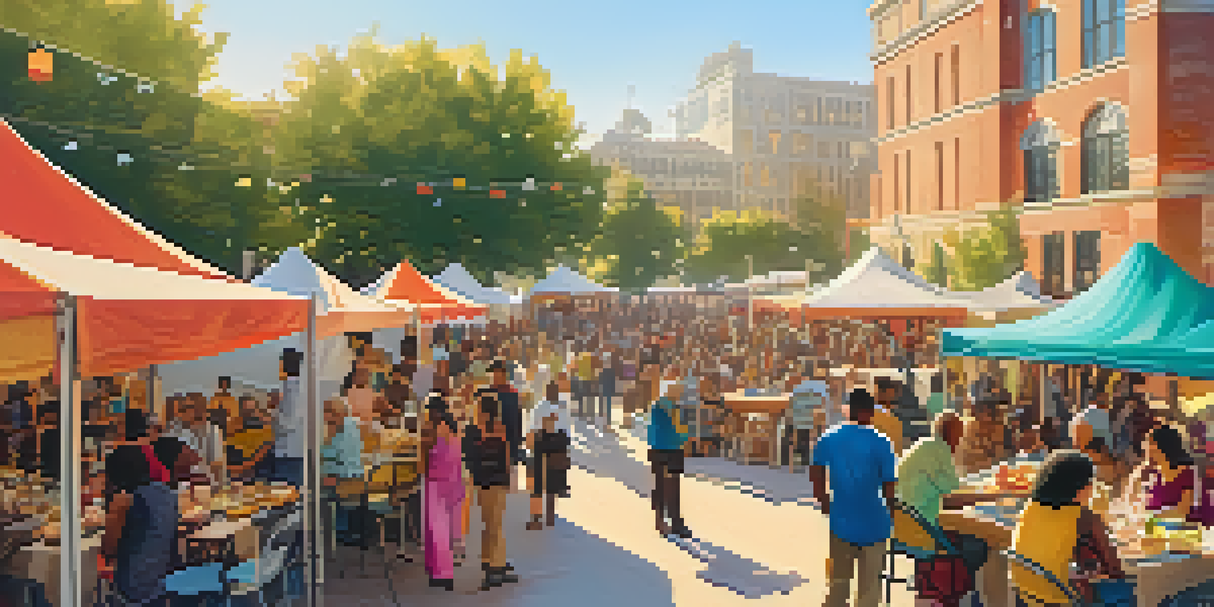 A bustling outdoor film festival with diverse attendees, colorful tents, and large screens under warm sunlight.