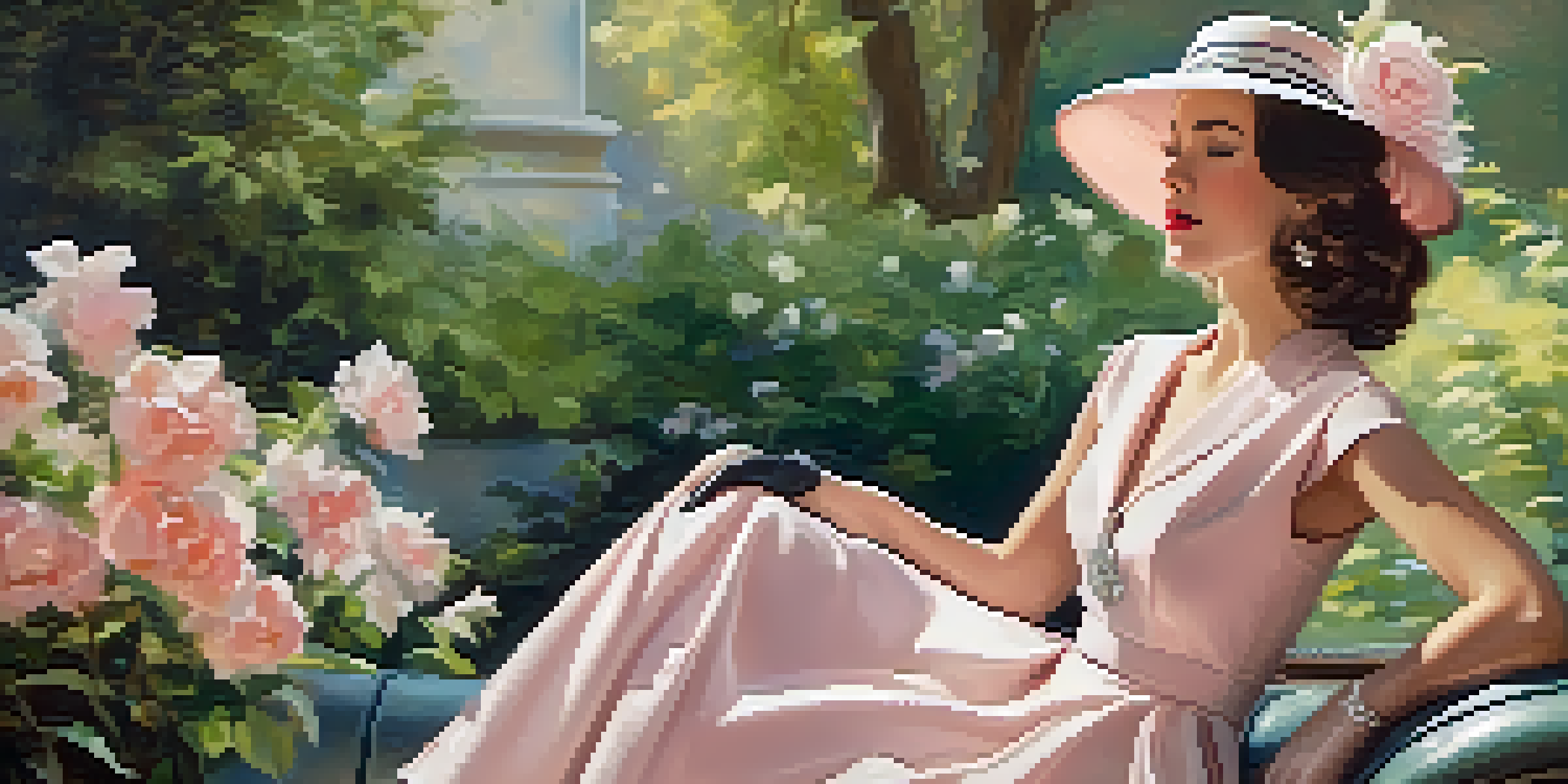 A woman in a vintage 1950s dress with a full skirt, wearing a wide-brimmed hat and pearl necklace, standing in a sunlit garden filled with blooming flowers.