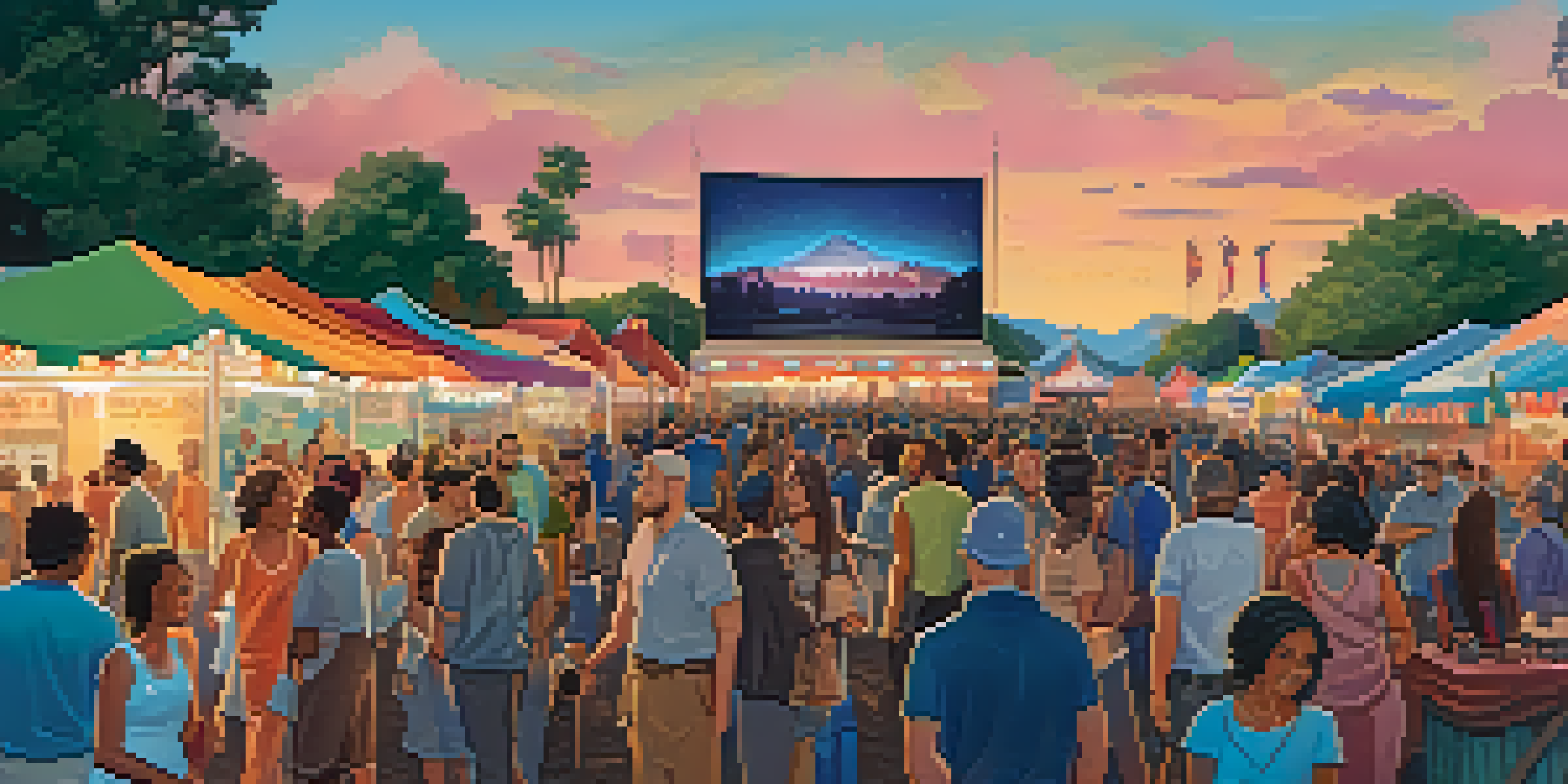 A lively outdoor film festival with a diverse crowd watching a movie on a big screen, surrounded by colorful decorations and food stalls under a twilight sky.