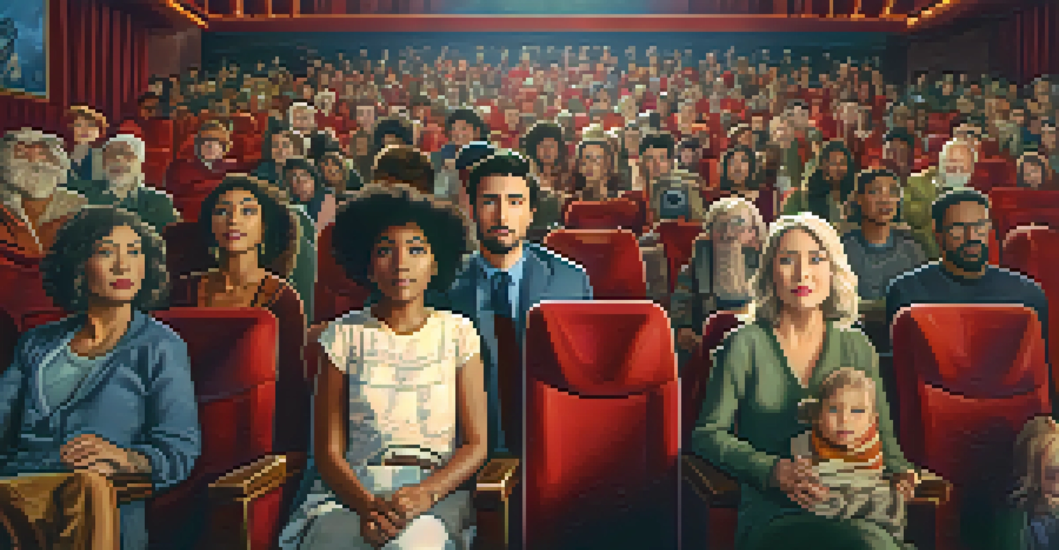 A diverse audience in a cinema, emotionally engaged in a film featuring diverse characters.