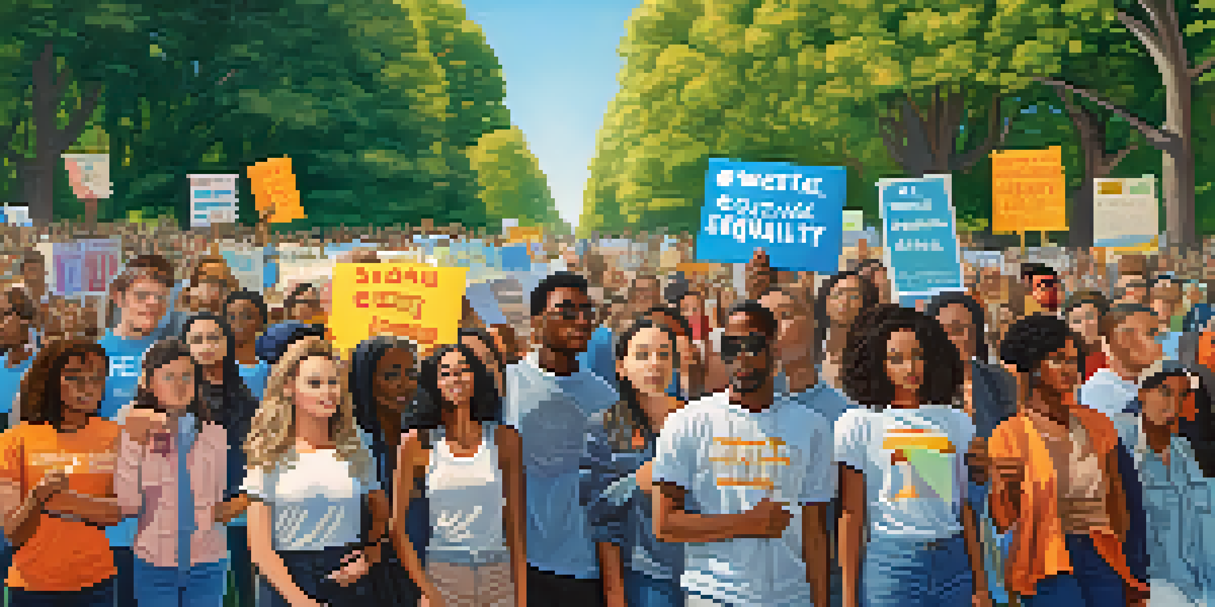 A diverse group of young activists in a park, holding signs for social justice and equality.