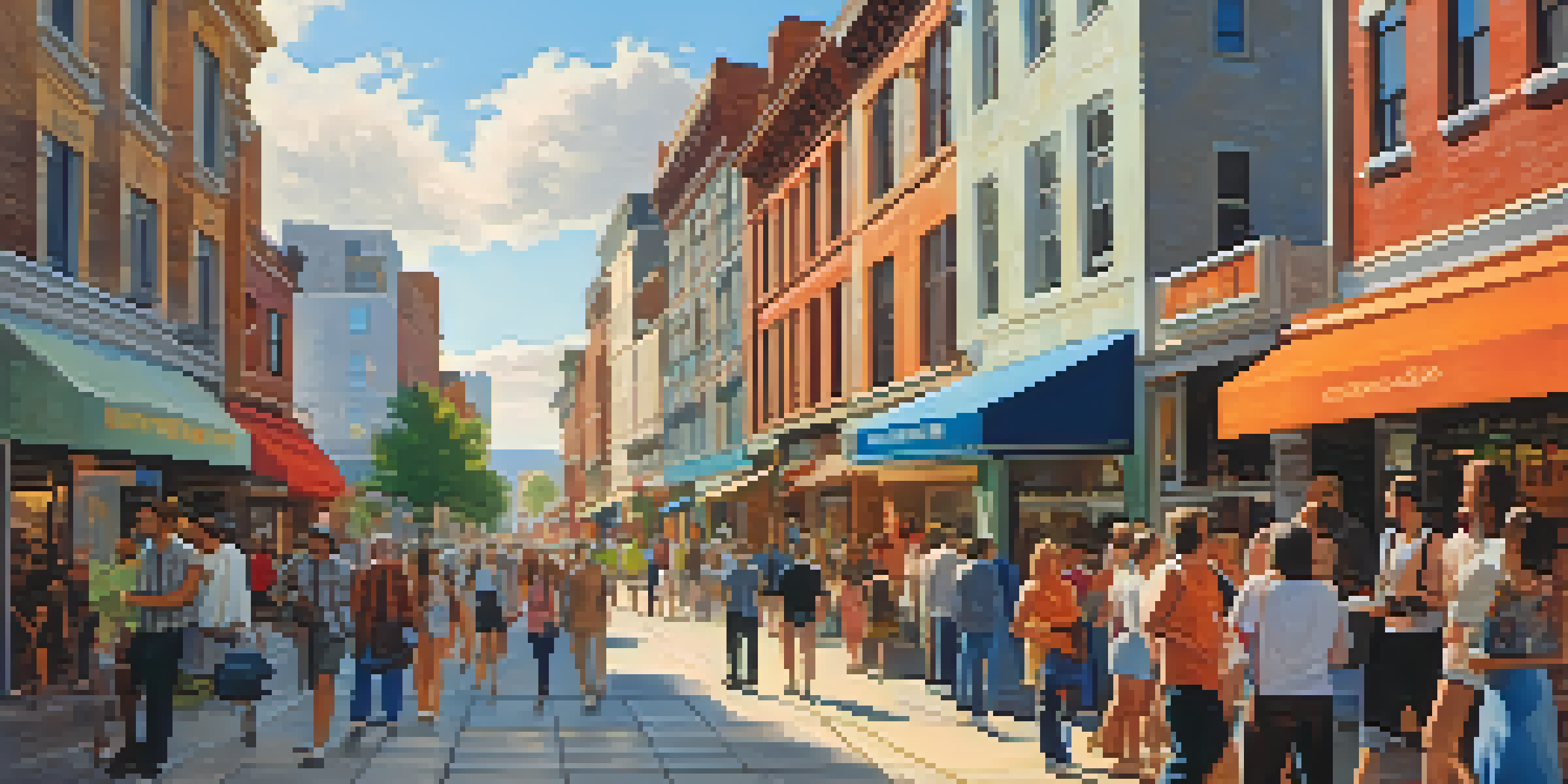 A lively urban street filled with people and colorful shops under a bright blue sky.