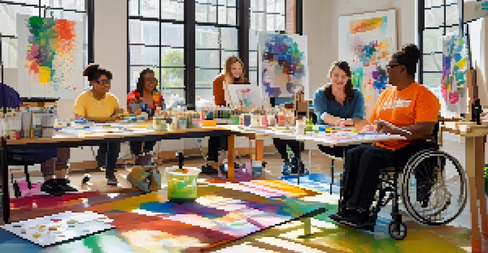 A vibrant workshop scene with a diverse group of individuals with disabilities creating art together, highlighting joy and collaboration.