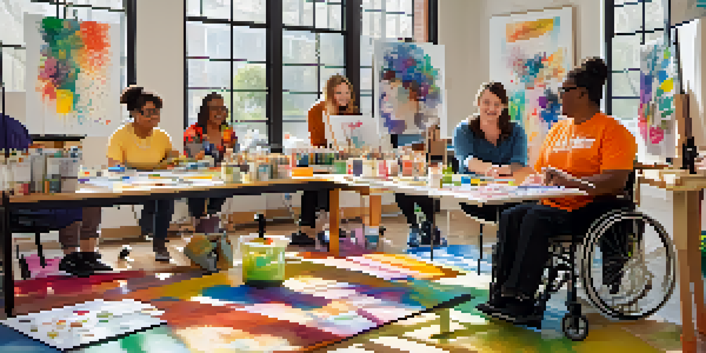 A vibrant workshop scene with a diverse group of individuals with disabilities creating art together, highlighting joy and collaboration.