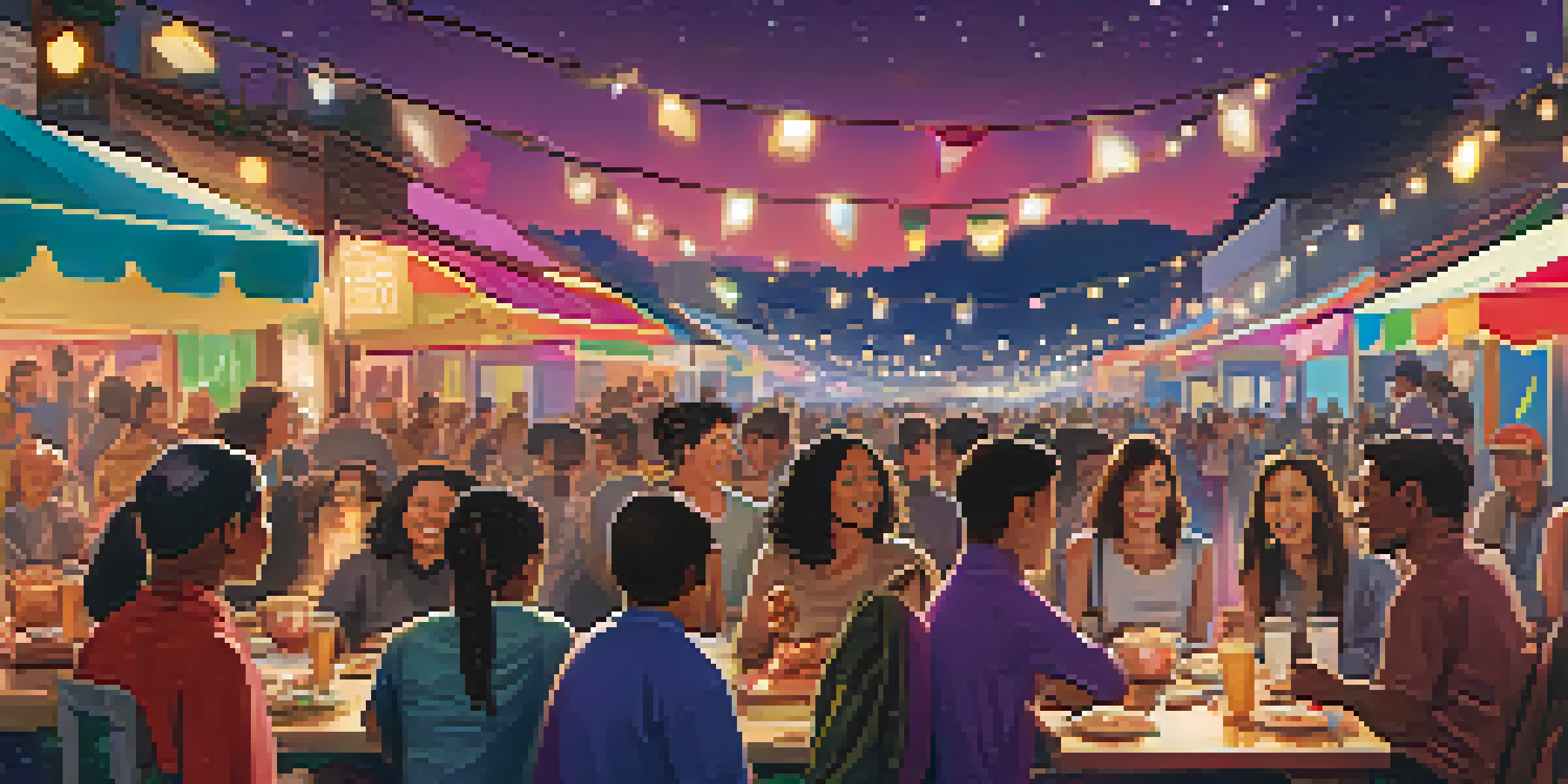 A lively outdoor film festival with diverse attendees, colorful banners, and a large movie screen illuminated by fairy lights.