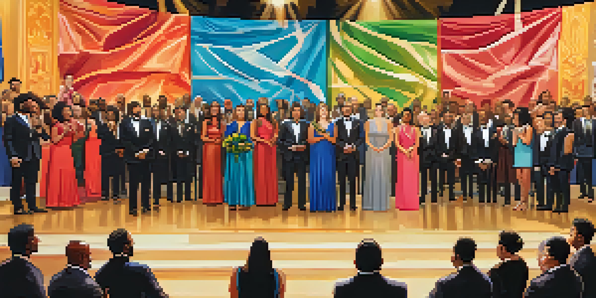 A diverse group of nominees on stage at an award ceremony, surrounded by a supportive audience, under warm golden lighting.