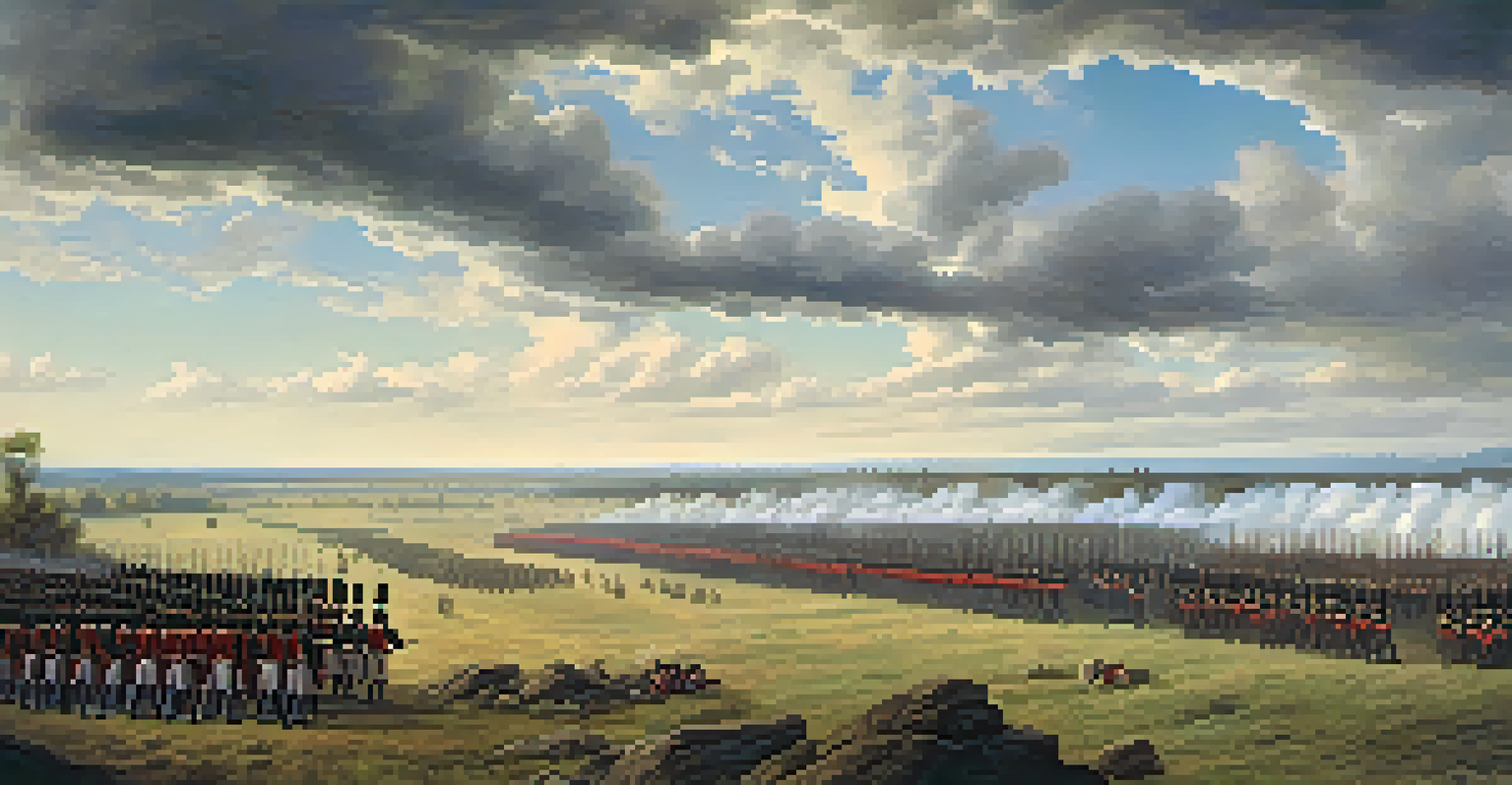 A dramatic battlefield scene with soldiers in historic uniforms preparing for battle under a cloudy sky, conveying a sense of tension and camaraderie.