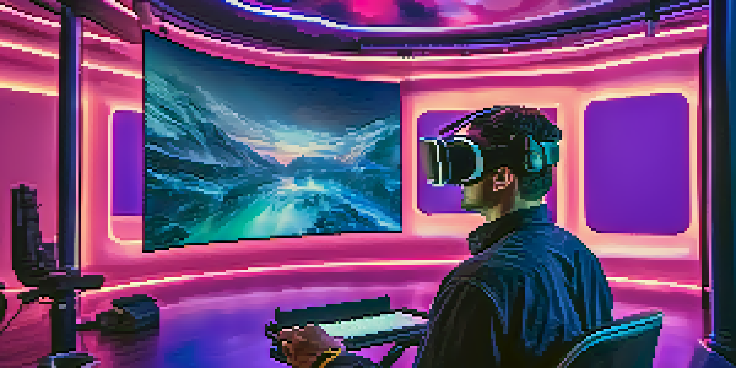 A filmmaker in a modern studio, working with virtual reality equipment and a large screen displaying VR landscapes.