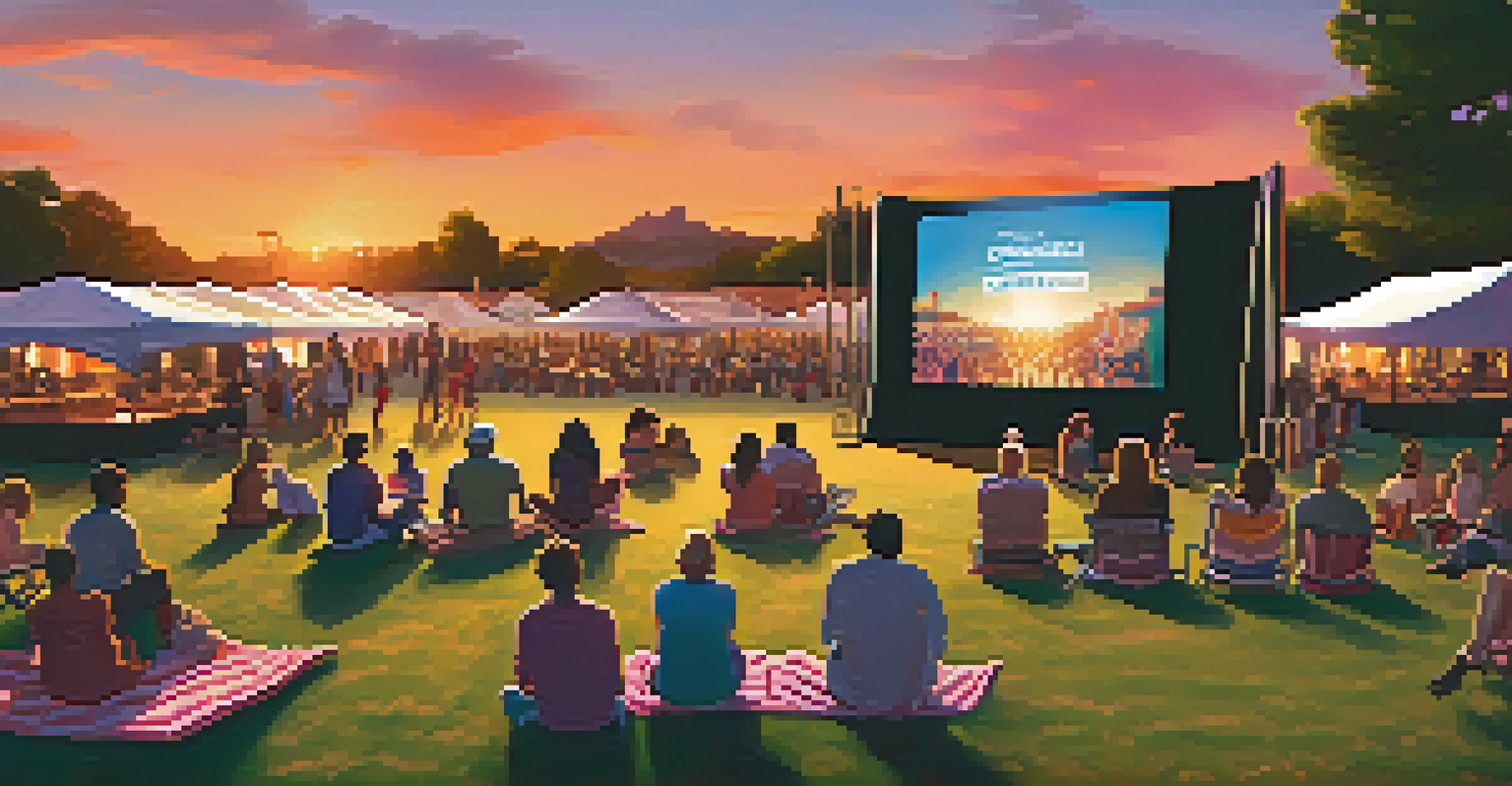 An outdoor film festival at sunset, with a large screen, diverse audience on blankets, and a colorful sky.