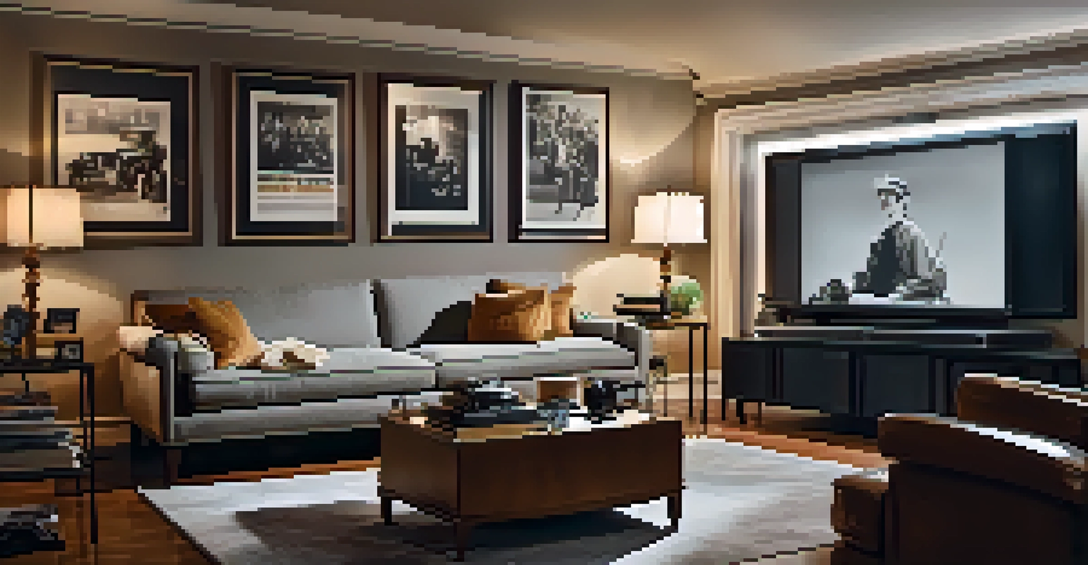 A vintage projector displaying a classic film in a cozy living room filled with film memorabilia, with a couple watching intently.