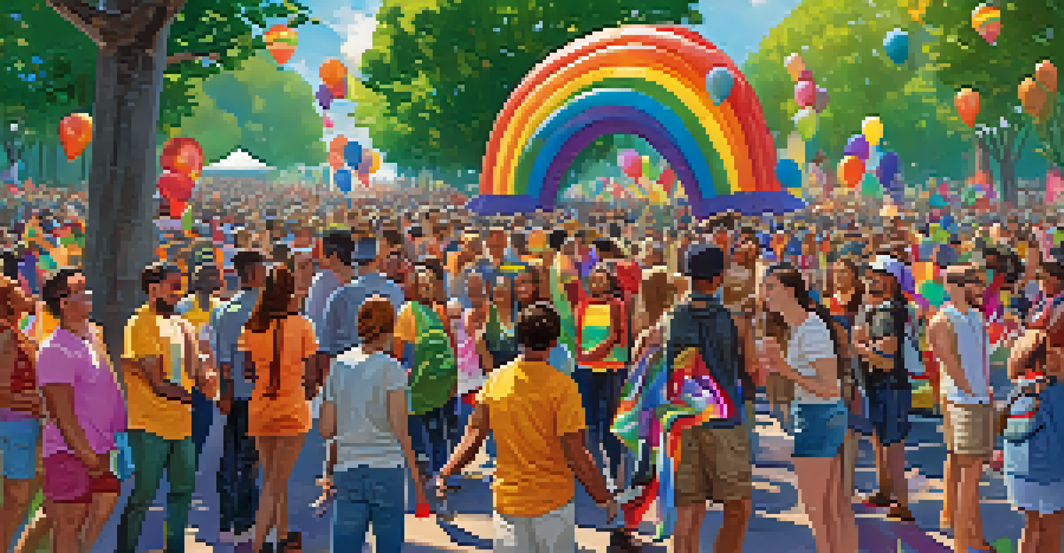 A lively city park filled with diverse people celebrating pride, with colorful outfits and rainbow flags.