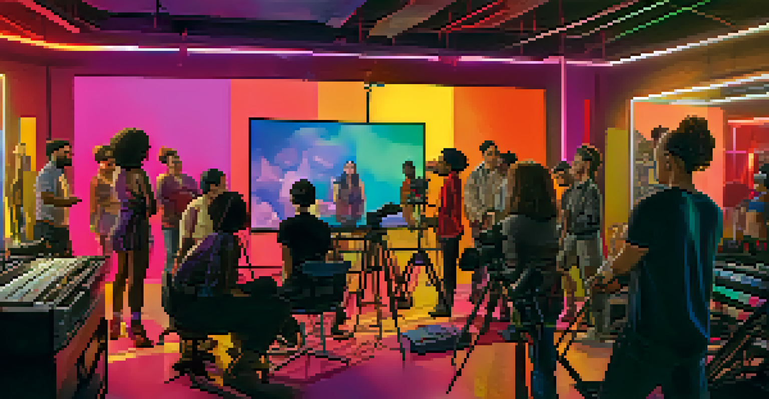 A colorful and dynamic film set with a strong female lead and a diverse crew working together on a project.