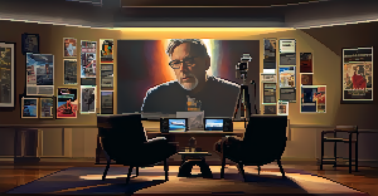 A film director reviews footage in a dimly lit studio, surrounded by movie posters and storyboards, reflecting a creative atmosphere.