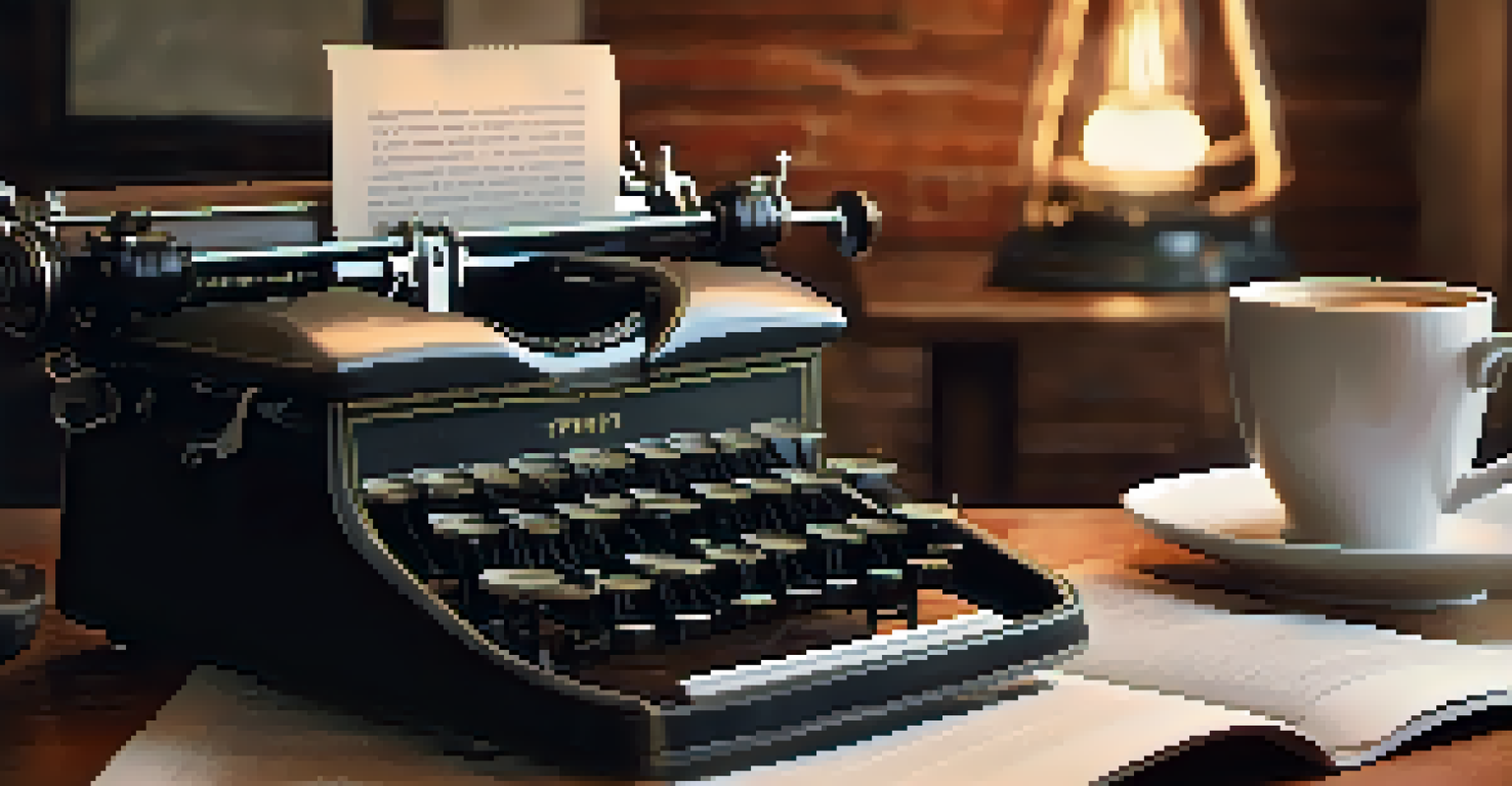 A vintage typewriter with a blank page, surrounded by books and a cup of coffee, illuminated by warm light.