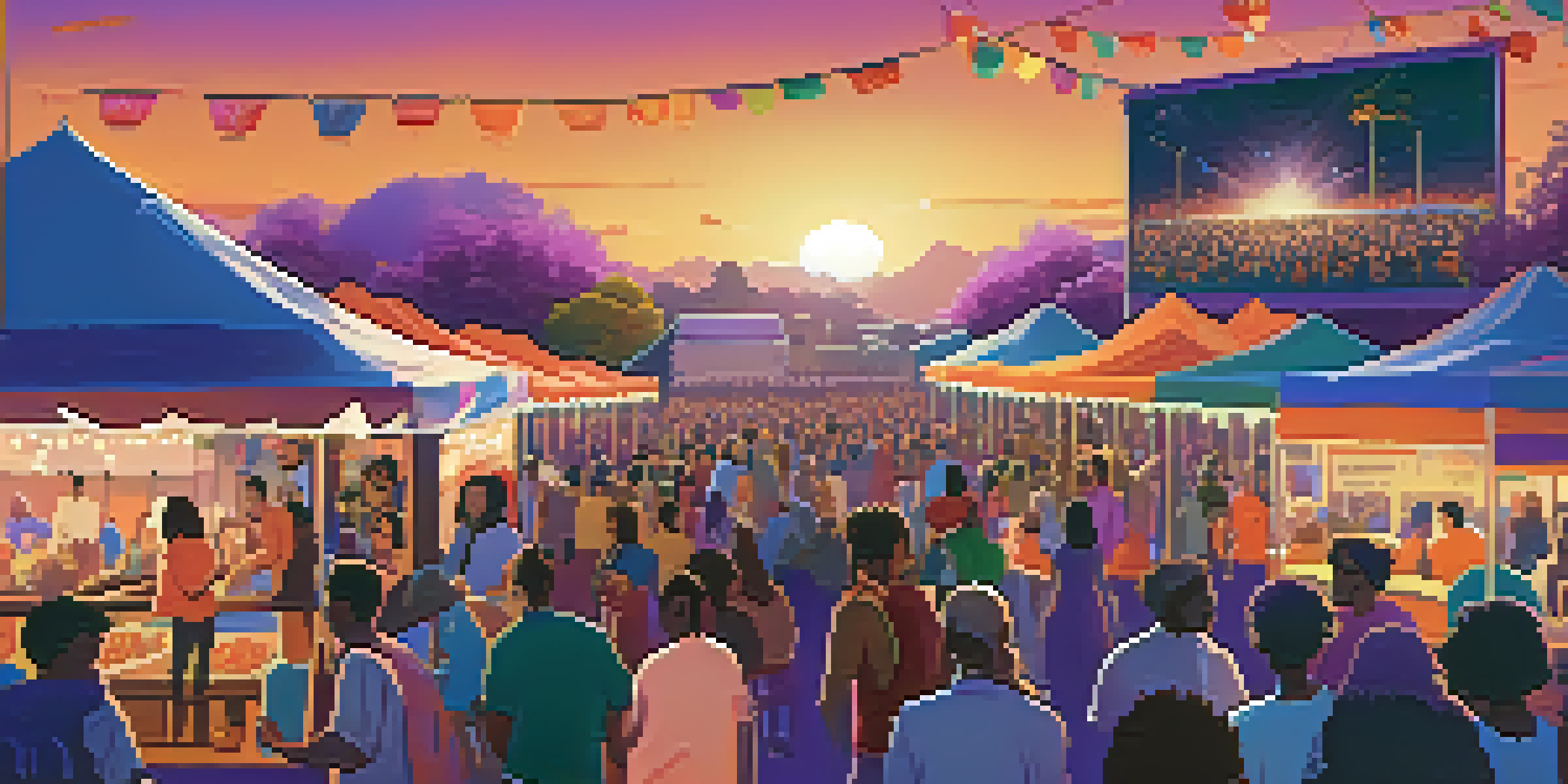 A lively outdoor film festival at sunset with a diverse crowd enjoying movies on a large screen, surrounded by food stalls and colorful decorations.