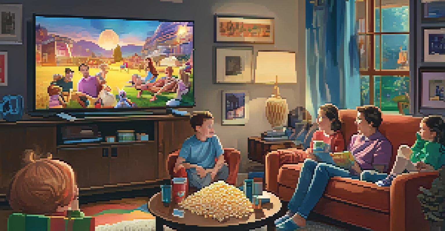 A cozy living room filled with family members enjoying a movie night, watching a film on television with popcorn in hand.