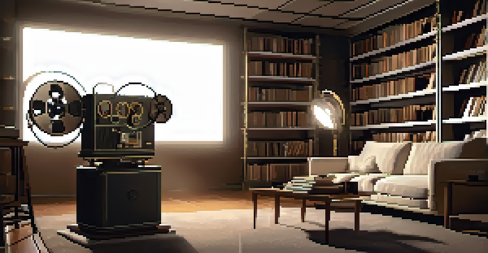 A vintage film study room with a projector casting light on a screen, surrounded by film reels and books, with a cozy armchair in the foreground.