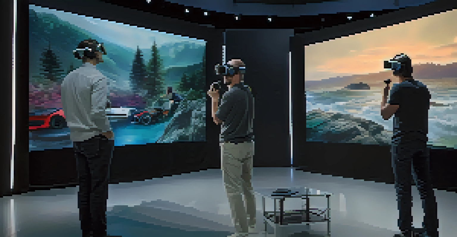 A high-tech film set with a crew using virtual reality technology and advanced cameras, surrounded by modern equipment and dynamic lighting.