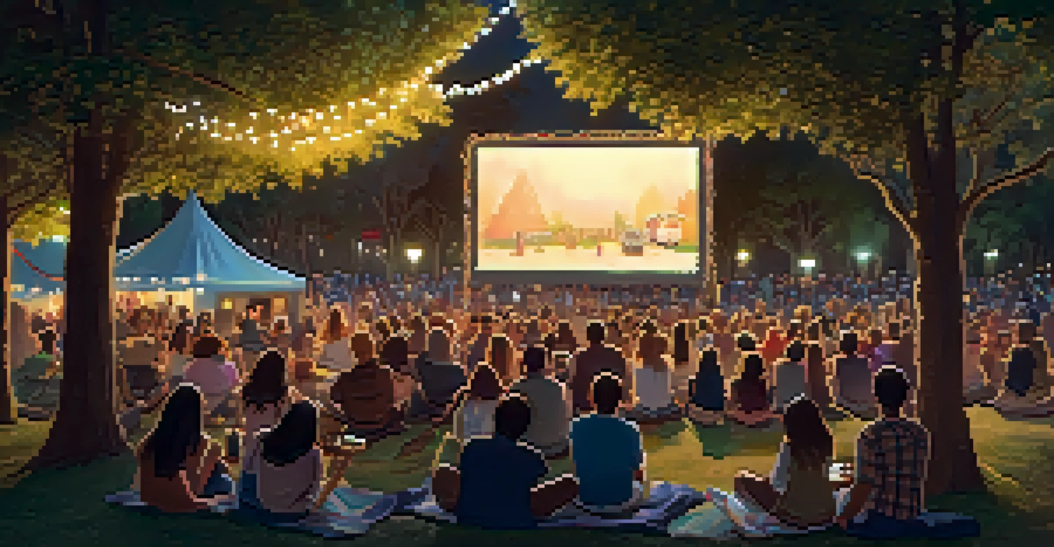 An outdoor film screening in a park with a diverse group of people sitting on blankets, illuminated by fairy lights.