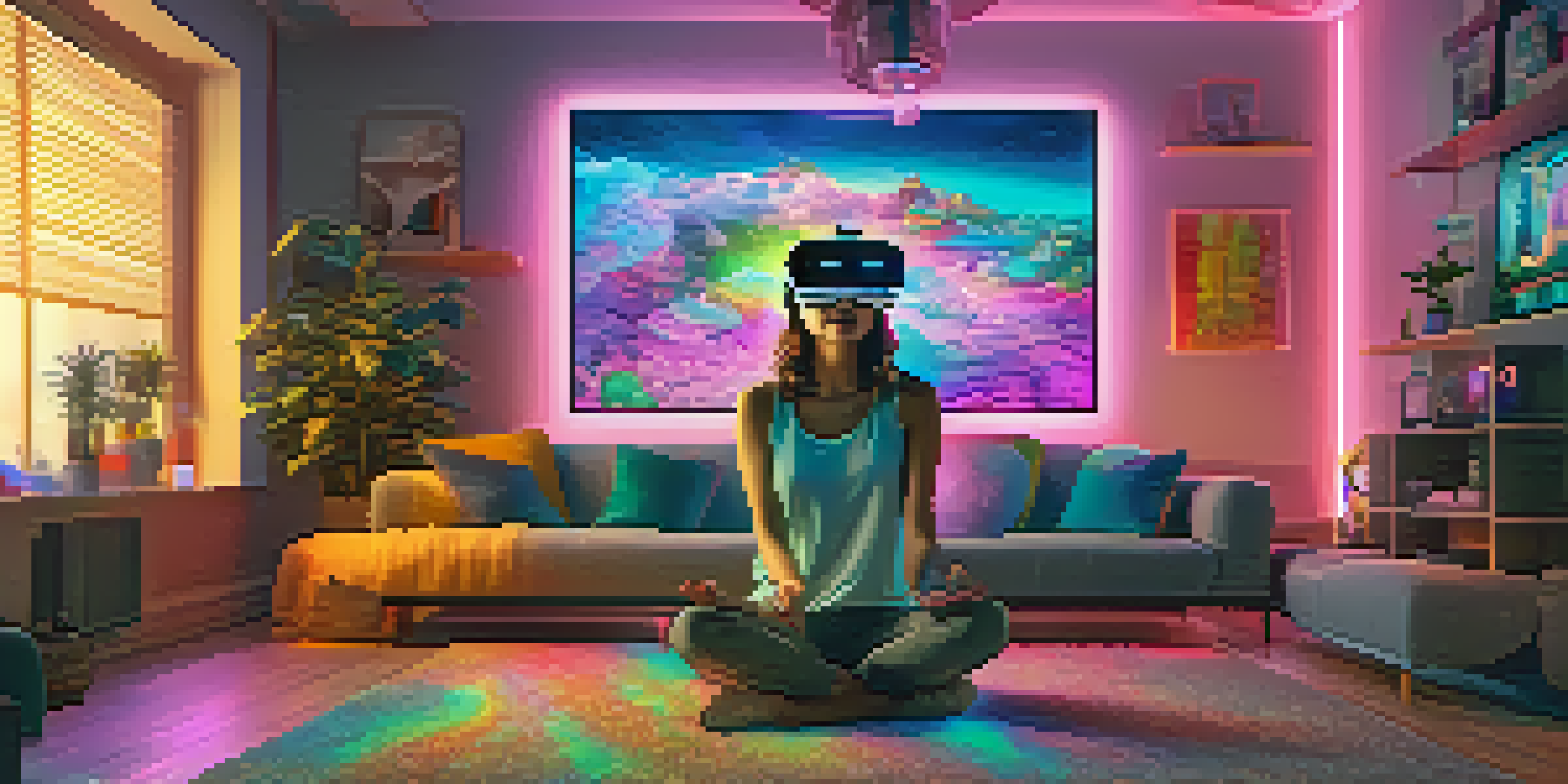 A person wearing a virtual reality headset in a modern living room, surrounded by colorful holograms and interactive elements.