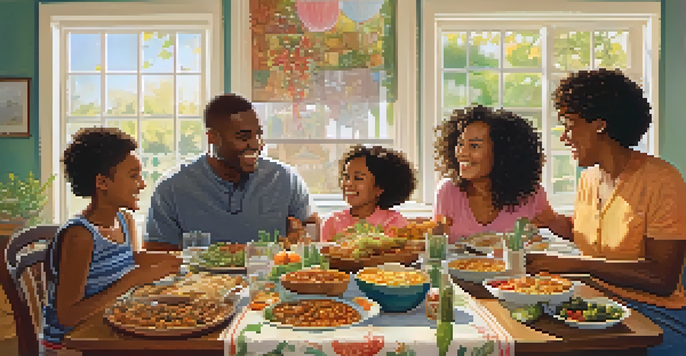A diverse family enjoying a meal together around a table, with warm lighting and smiles.