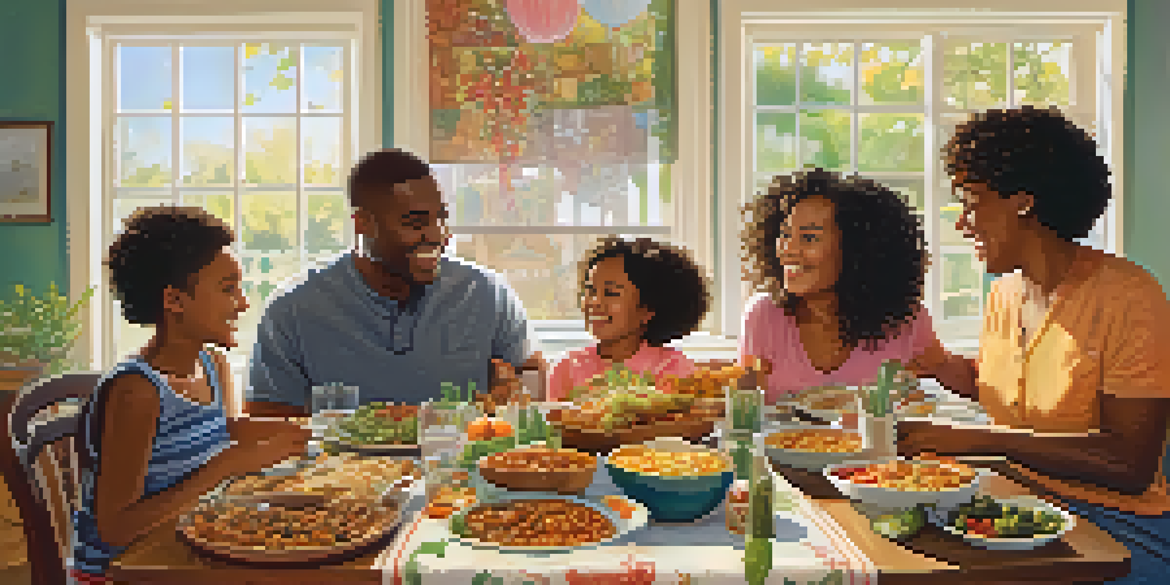 A diverse family enjoying a meal together around a table, with warm lighting and smiles.