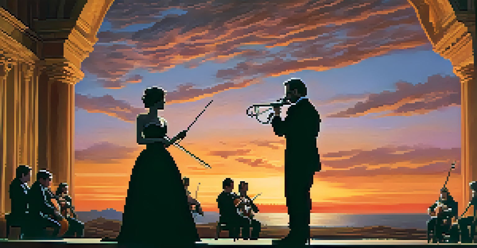 A character in silhouette against a sunset, with a symphonic orchestra in the foreground, representing the connection between music and film.