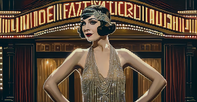 A vintage portrait of a 1920s silent film actress in a glamorous flapper dress, standing in front of a vintage movie theater with warm golden lighting.