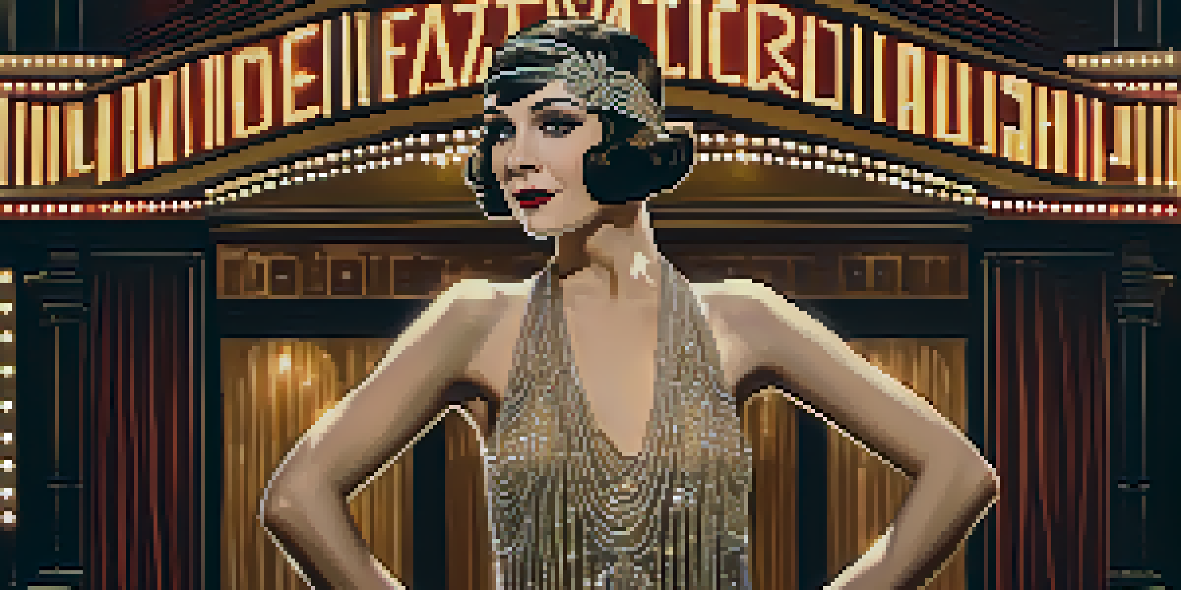 A vintage portrait of a 1920s silent film actress in a glamorous flapper dress, standing in front of a vintage movie theater with warm golden lighting.