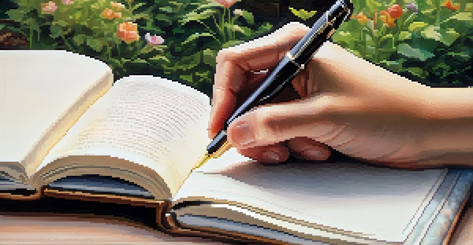 A hand holding an open journal with a fountain pen, with a peaceful garden blurred in the background.