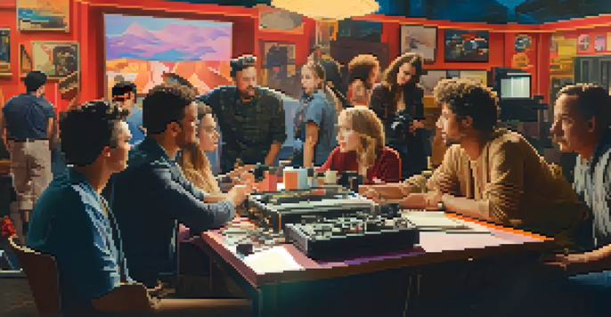 A Hollywood movie set with filmmakers and actors discussing political narratives, colorful backdrops, and warm lighting.