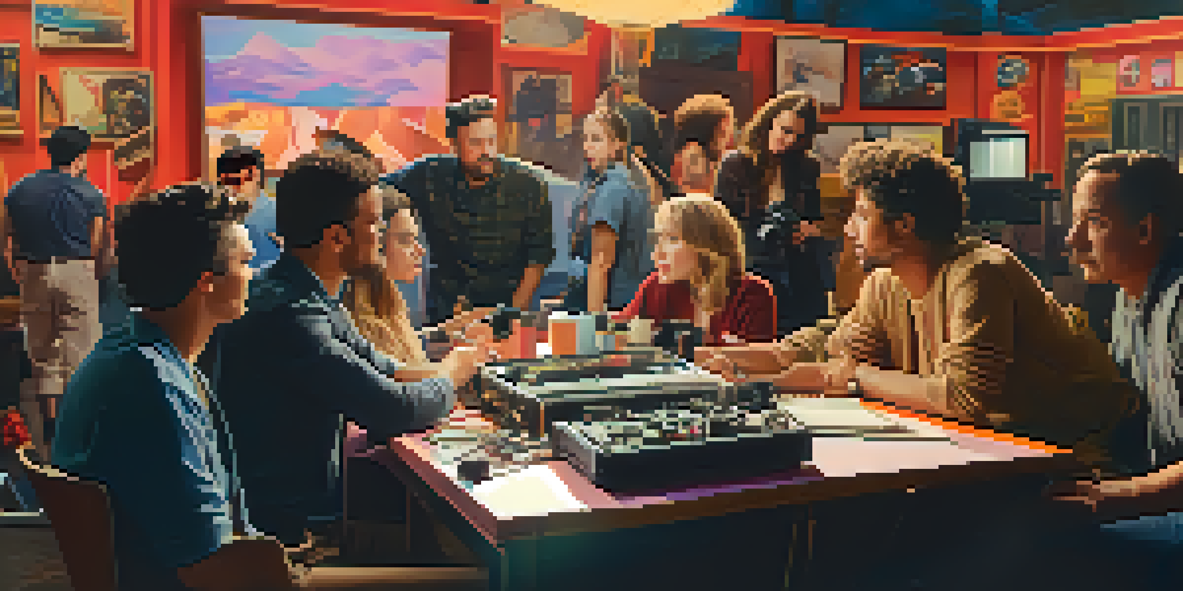 A Hollywood movie set with filmmakers and actors discussing political narratives, colorful backdrops, and warm lighting.