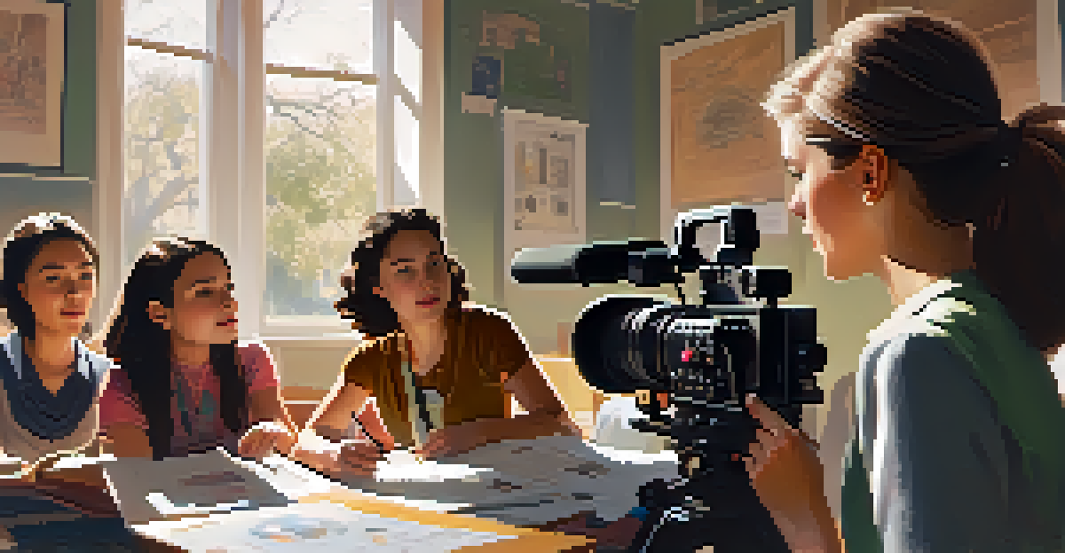 A female mentor teaching a group of young women in a classroom filled with film-related materials.