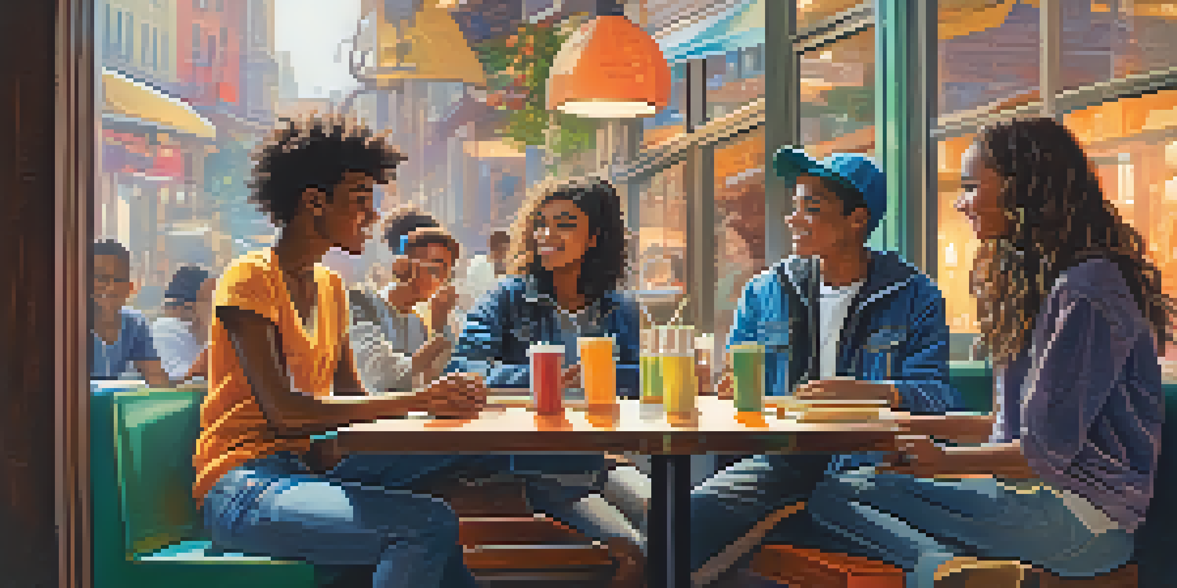 A group of diverse teenagers in a cafe, discussing and sharing ideas, showcasing their unique fashion styles and a cozy atmosphere.