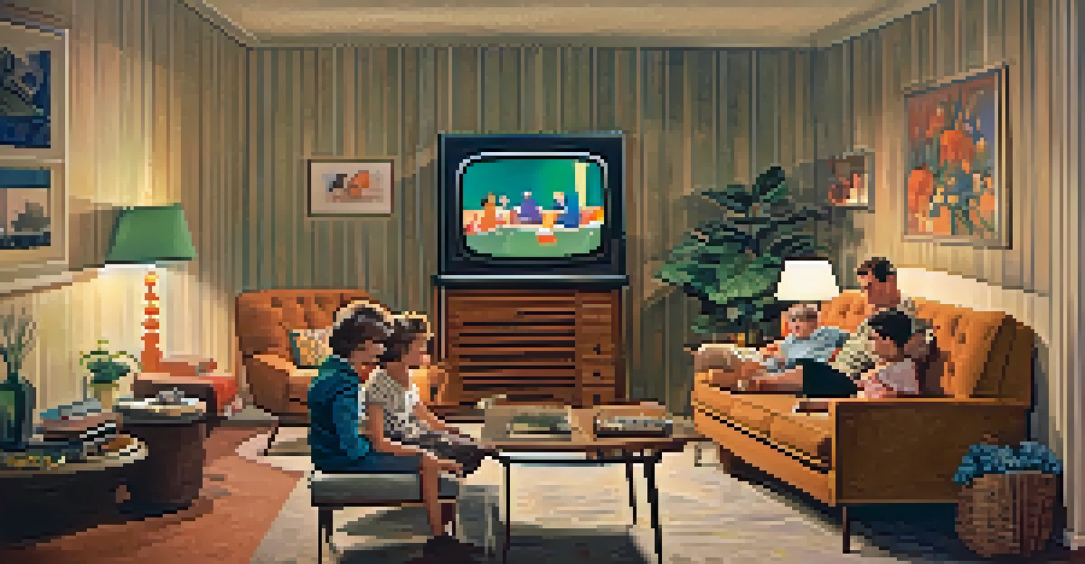 A 1960s living room with a family watching a sitcom on television, surrounded by retro furniture and warm lighting.