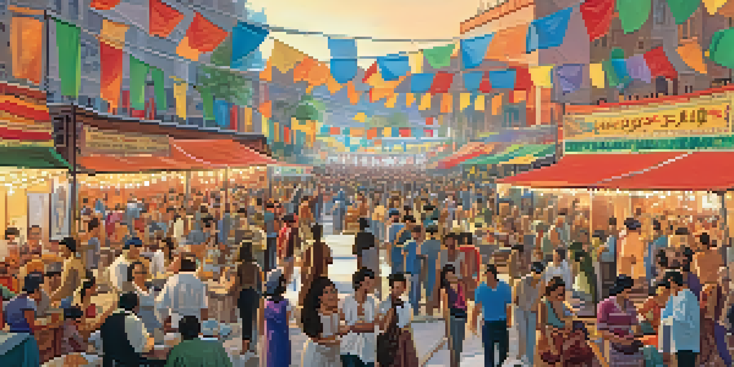 A lively international film festival with diverse audiences and colorful film posters in different languages.