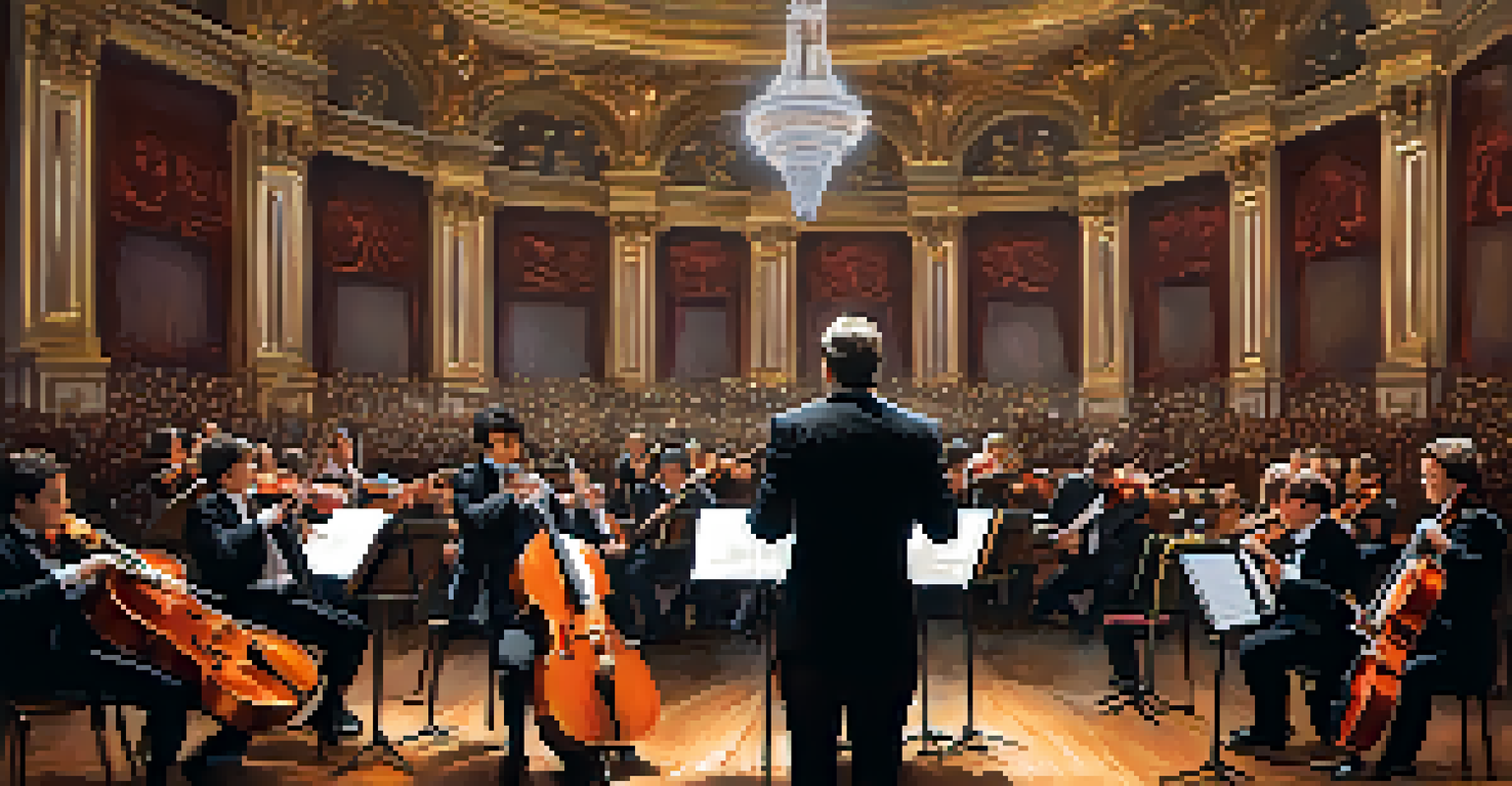 A symphony orchestra performing in a beautifully designed concert hall with warm lighting.