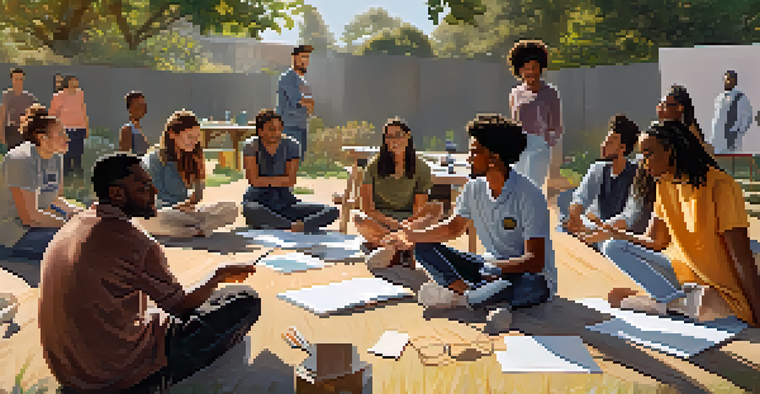 A sunny outdoor workshop with actors engaged in a diversity and inclusion training session, surrounded by notes and flip charts.