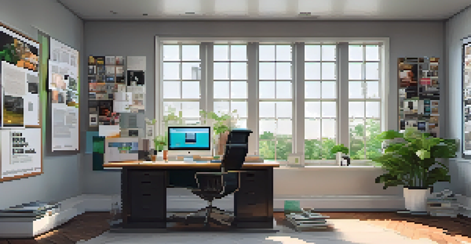 A bright and professional publicist's office with a stylish desk and an open laptop displaying social media analytics. The walls are decorated with framed magazine covers.