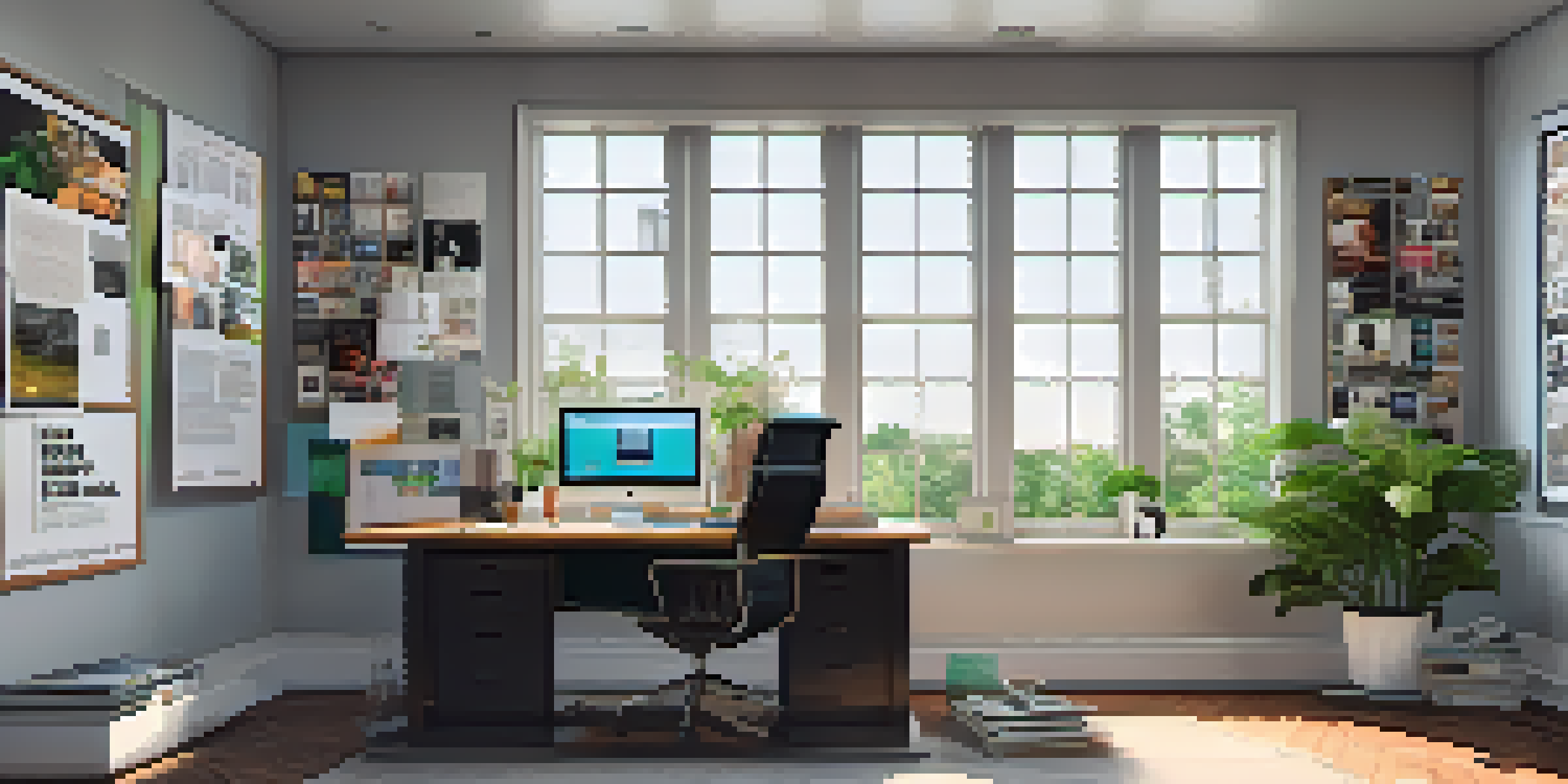 A bright and professional publicist's office with a stylish desk and an open laptop displaying social media analytics. The walls are decorated with framed magazine covers.