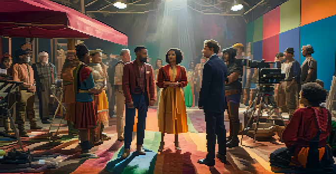A film set featuring a diverse group of actors and crew members working together, surrounded by colorful props and costumes, under natural lighting.