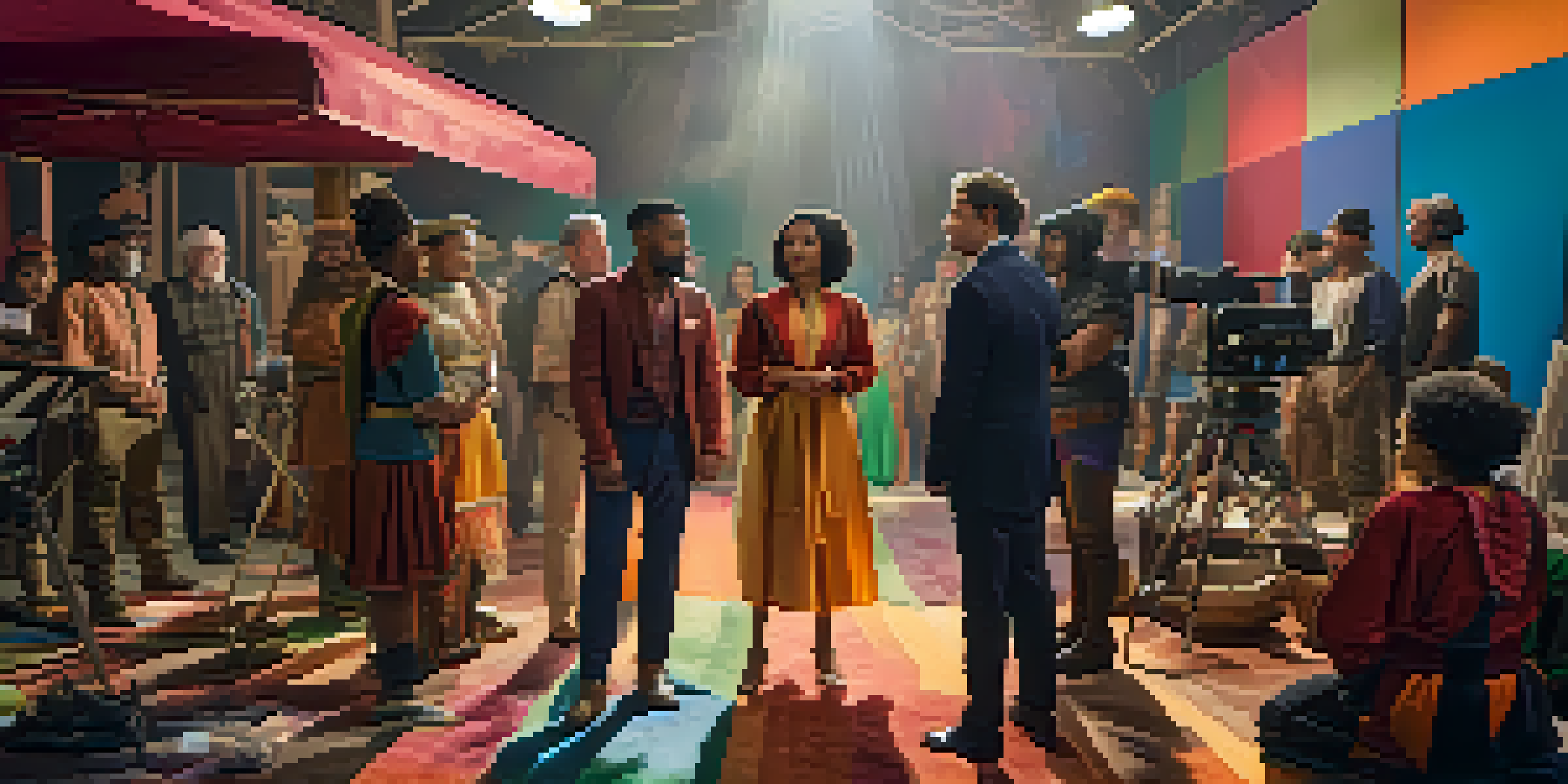 A film set featuring a diverse group of actors and crew members working together, surrounded by colorful props and costumes, under natural lighting.
