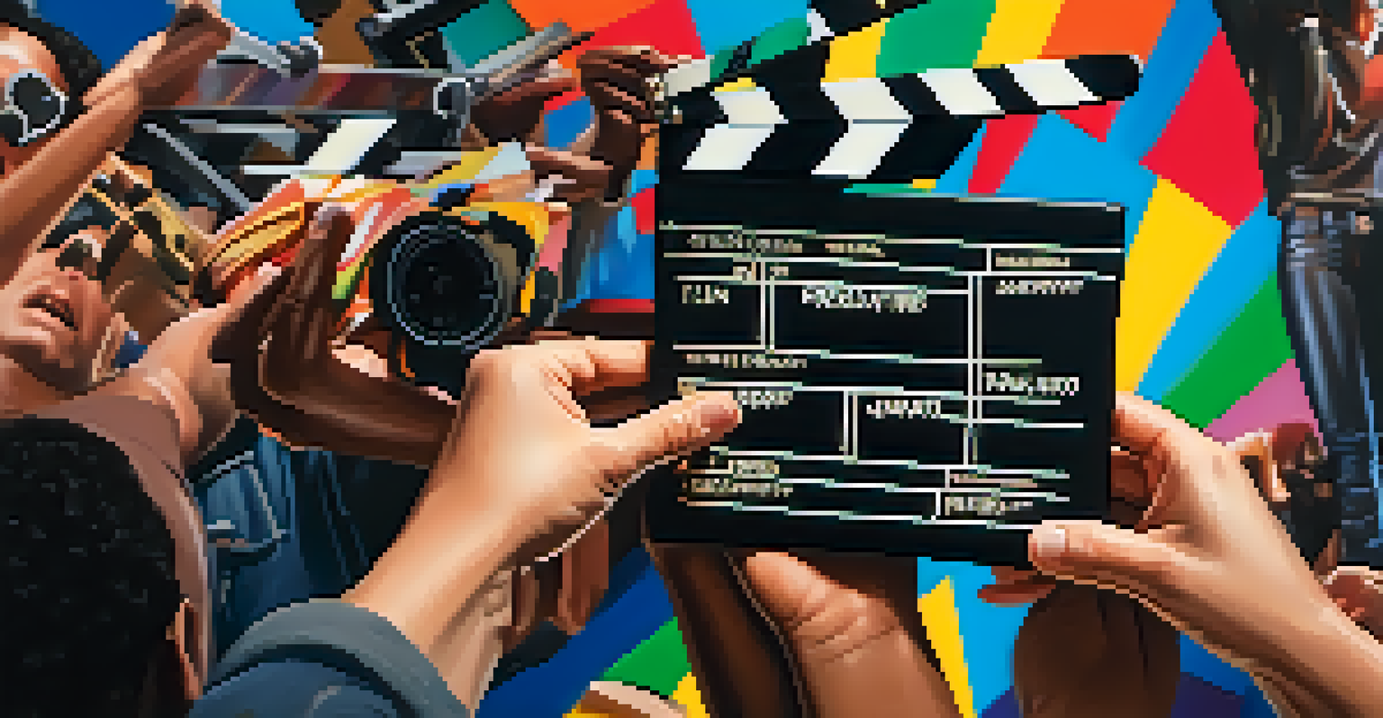 Close-up of a filmmaker's hands with a clapperboard and a diverse cast preparing for a shoot in the background.