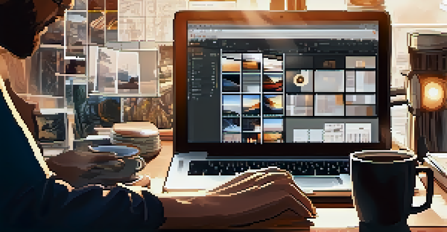Close-up of a filmmaker's hands editing footage on a laptop, with storyboards and film reels around, illuminated by a warm desk lamp.