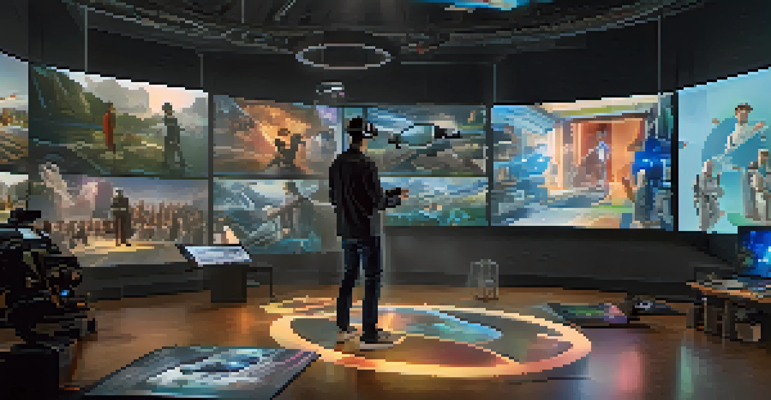 A filmmaker using augmented reality to visualize storyboards, surrounded by holographic images in a modern studio.