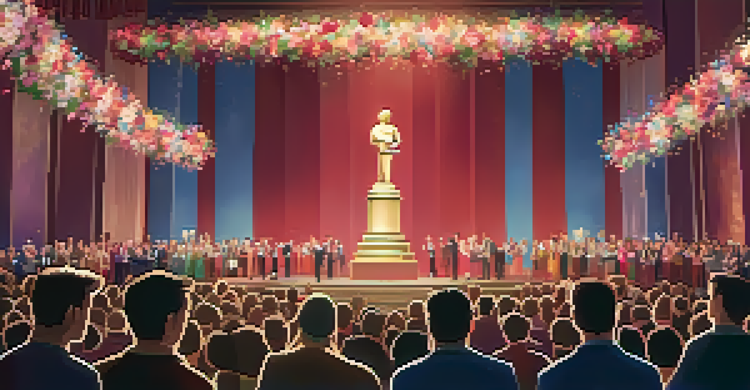 A film festival award ceremony with a filmmaker on stage holding a trophy, surrounded by applauding audience members and elegant decorations.