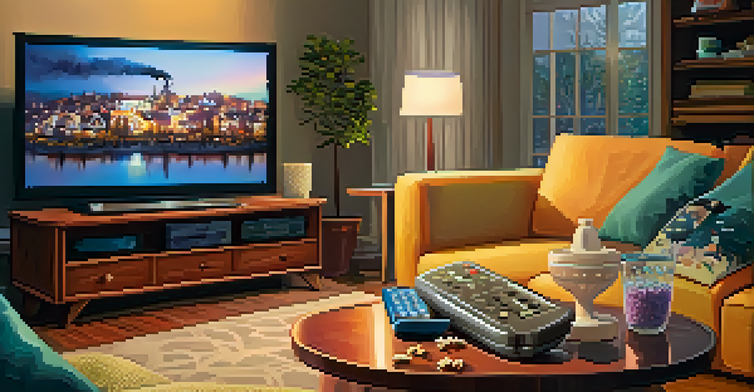 A cozy living room setup with streaming remotes and a bowl of popcorn, indicating a movie night at home.