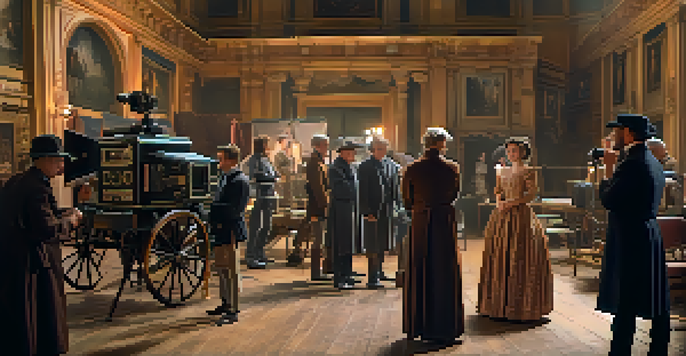 A film set with actors in period costumes and crew members adjusting equipment under soft natural lighting.