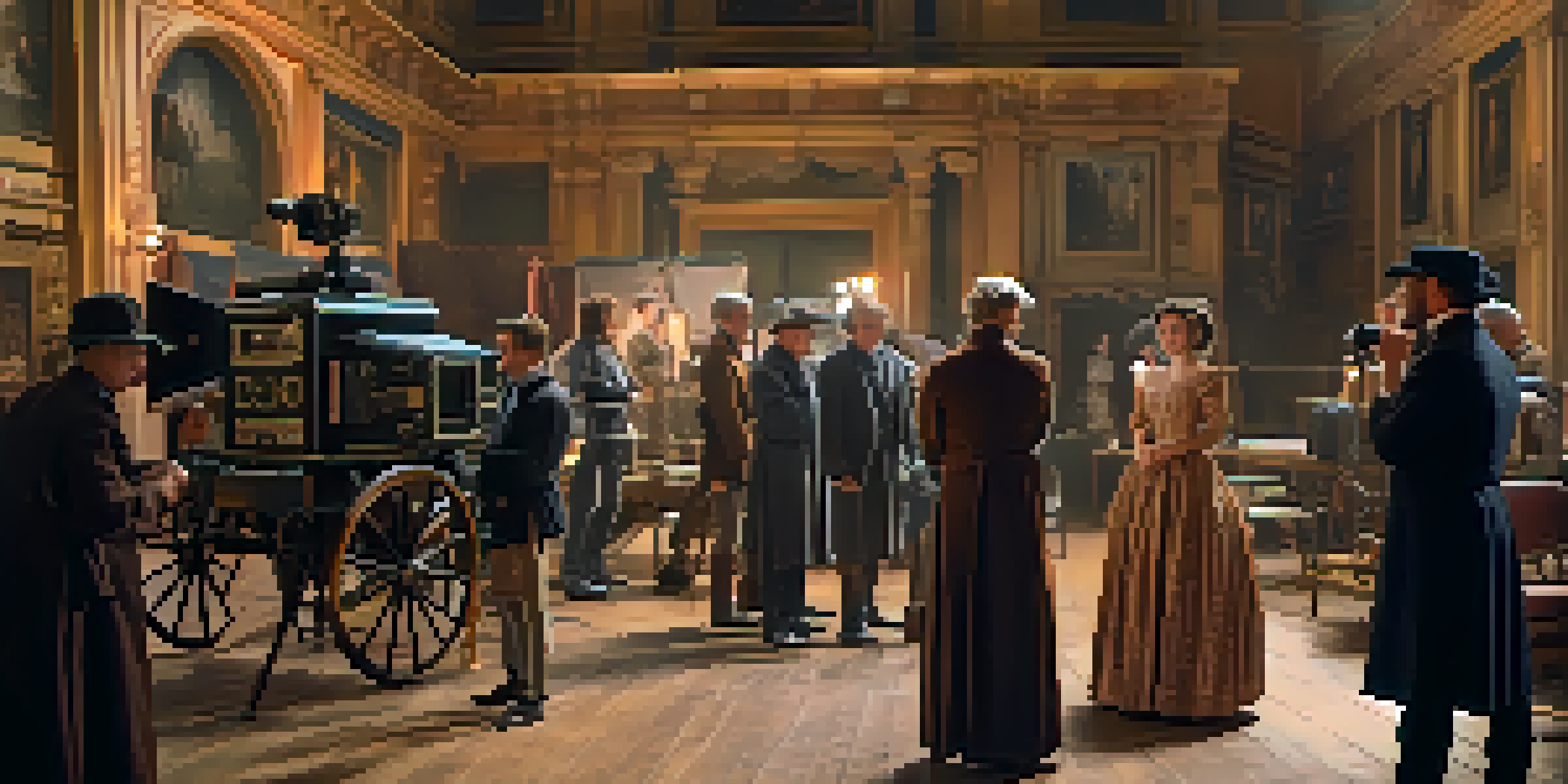 A film set with actors in period costumes and crew members adjusting equipment under soft natural lighting.
